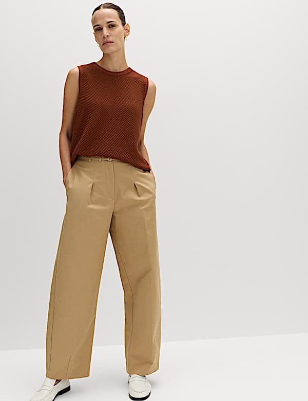 Cotton Rich Belted Barrel Leg Trousers - TW