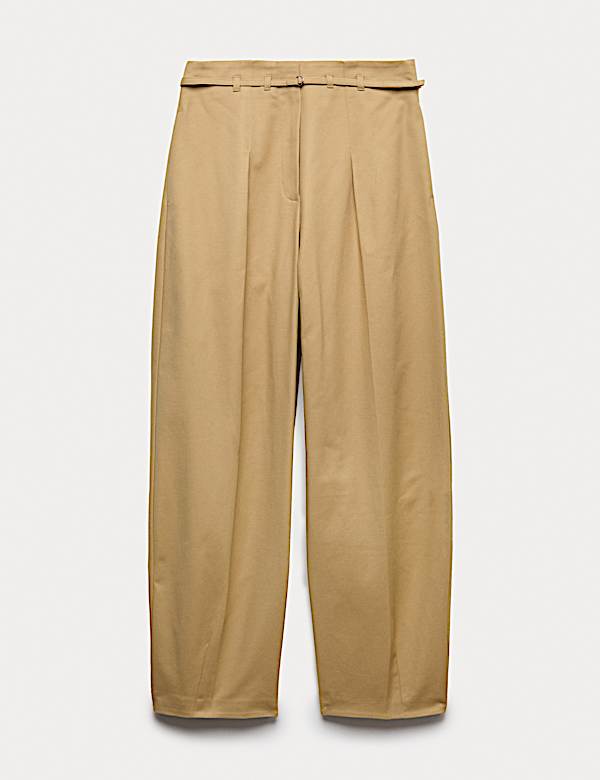 Cotton Rich Belted Barrel Leg Trousers - TW