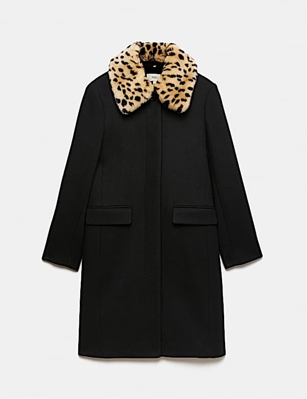 Faux Fur Animal Print Collared Coat with Wool - AL