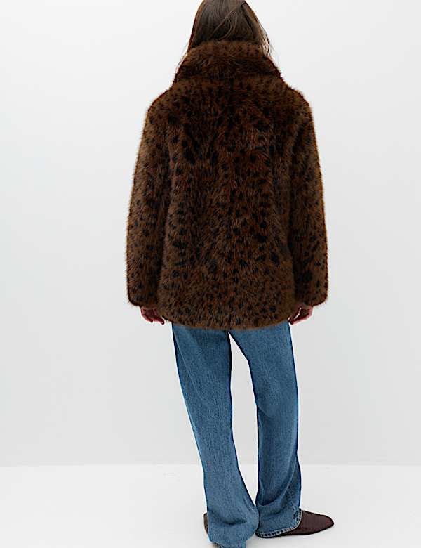 Faux Fur Leopard Print Collared Short Jacket - MV