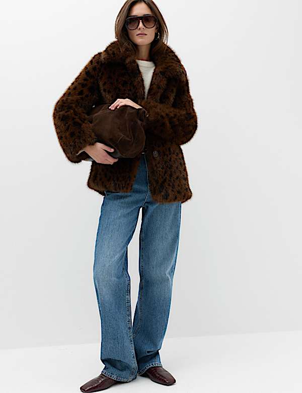 Faux Fur Leopard Print Collared Short Jacket - MV