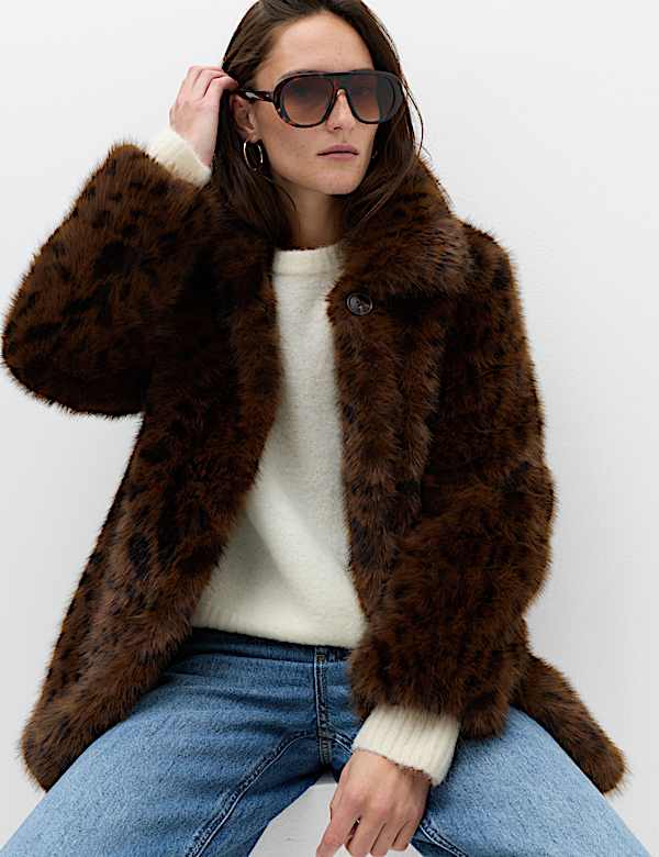 Faux Fur Leopard Print Collared Short Jacket - MV