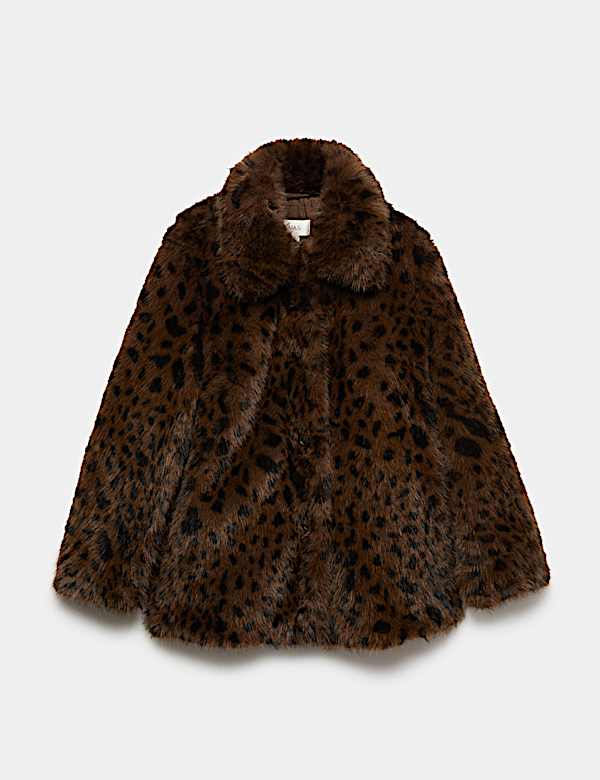 Faux Fur Leopard Print Collared Short Jacket - MV