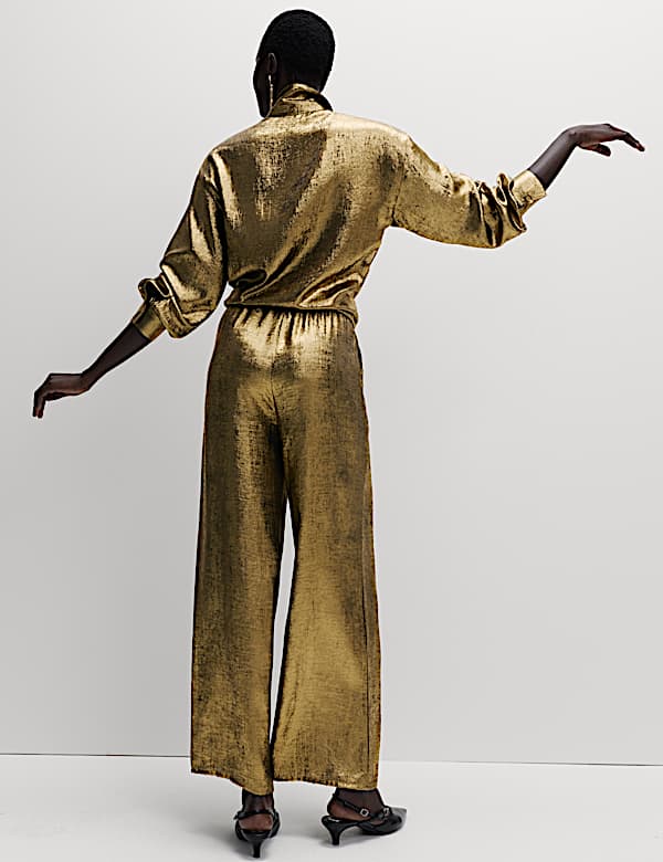 Satin Metallic Drawstring Wide Leg Trousers - JP