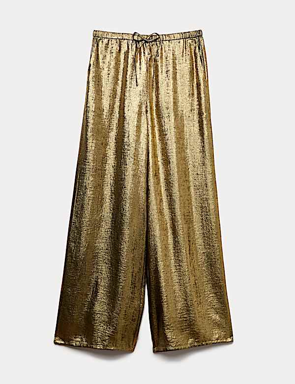 Satin Metallic Drawstring Wide Leg Trousers - JP