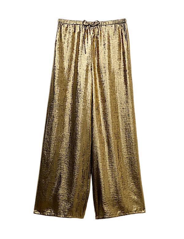 Satin Metallic Drawstring Wide Leg Trousers