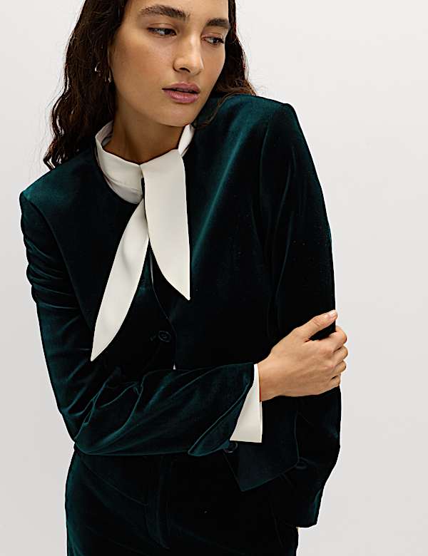 Velvet Cotton Rich Tailored Collarless Blazer - MX