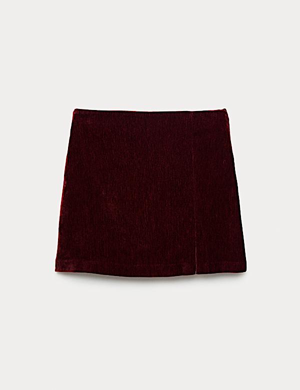 Mottled Velvet Side Split Mini A-Line Skirt - BE