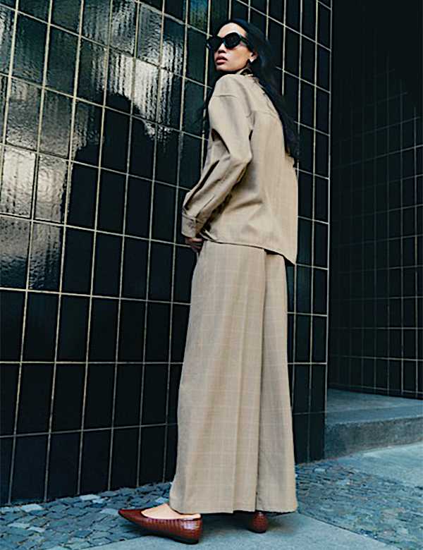 Checked Double Pleat Wide Leg Trousers