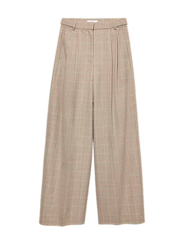 Checked Double Pleat Wide Leg Trousers