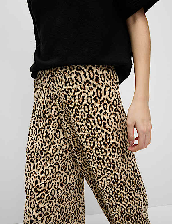 Animal Print Plisse Wide Leg Trousers - ES