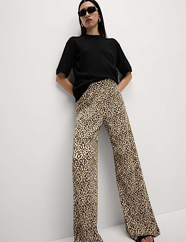 Animal Print Plisse Wide Leg Trousers - ES