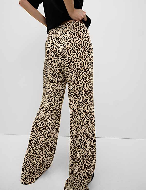 Animal Print Plisse Wide Leg Trousers - ES