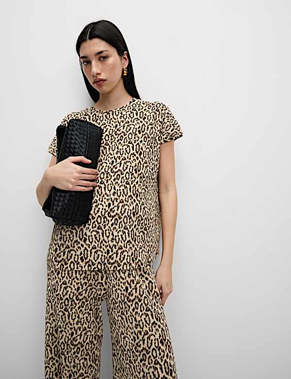 Animal Print Plisse Wide Leg Trousers - ES