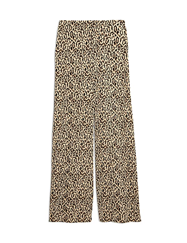 Animal Print Plisse Wide Leg Trousers - ES