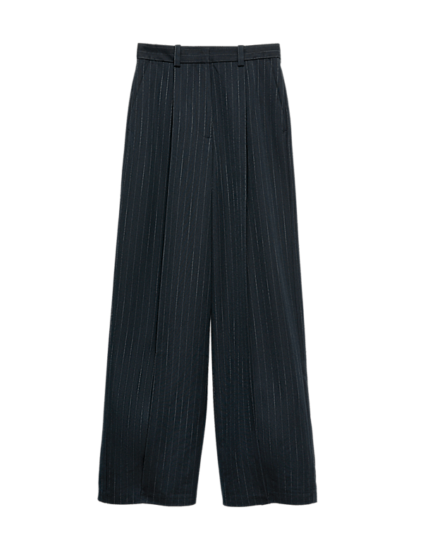 Pinstripe Single Pleat Wide Leg Trousers