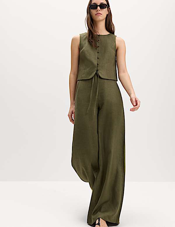Linen Rich Twill Drawstring Wide Leg Trousers