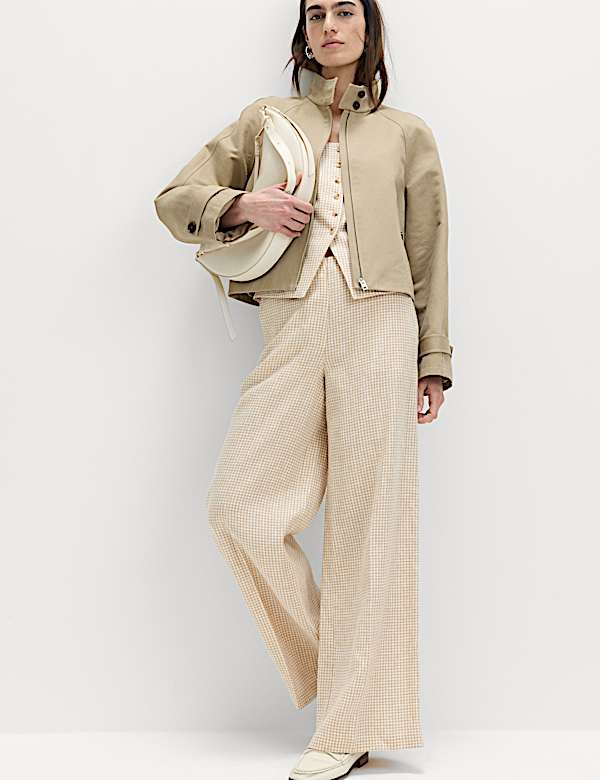 Pure Linen Gingham Wide Leg Trousers