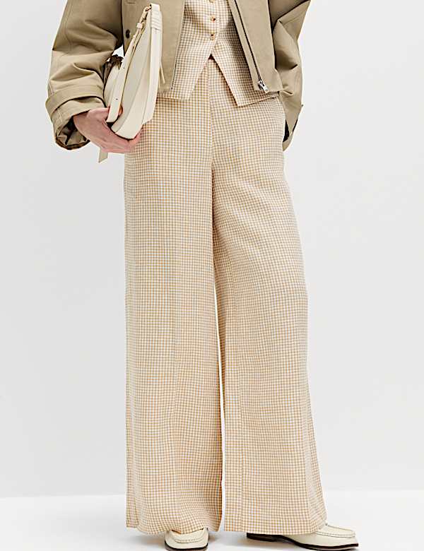 Pure Linen Gingham Wide Leg Trousers - VN