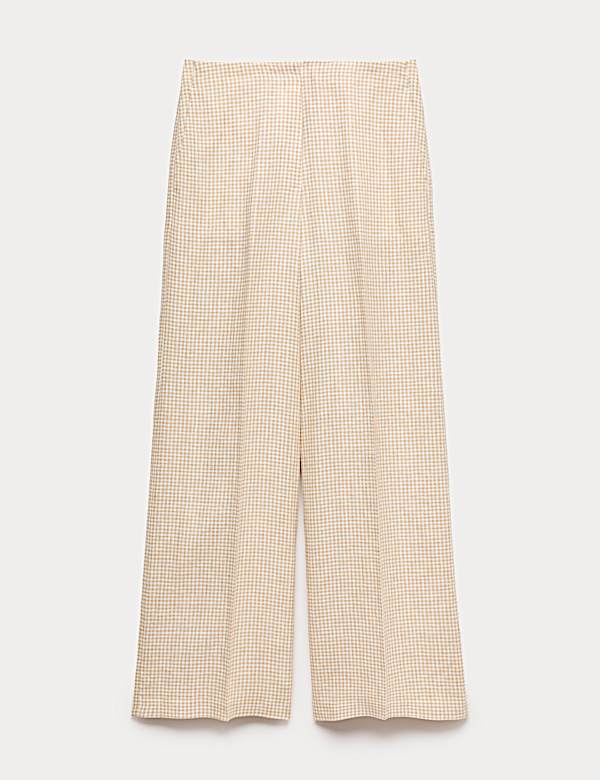 Pure Linen Gingham Wide Leg Trousers - VN