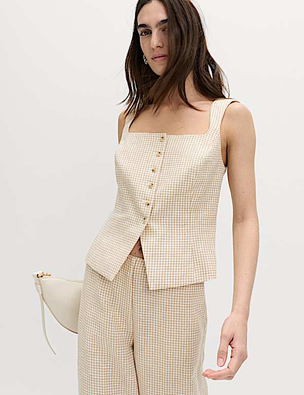 Pure Linen Gingham Waistcoat