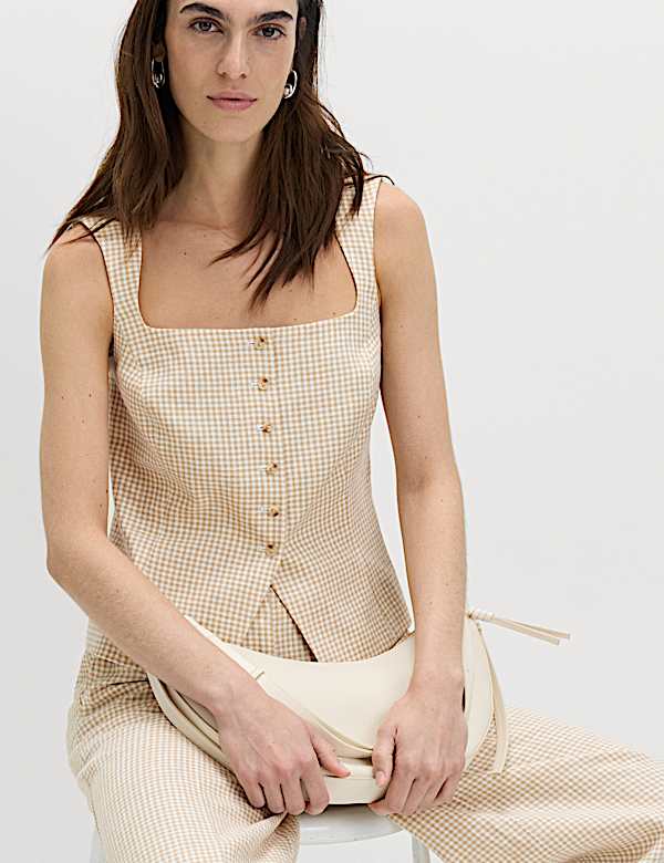 Pure Linen Gingham Waistcoat