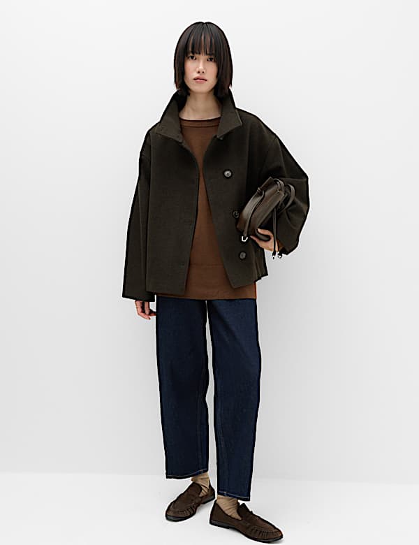 Checked Funnel Neck Short Coat with Wool - CN