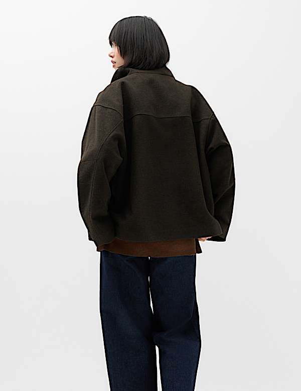 Checked Funnel Neck Short Coat with Wool - CN