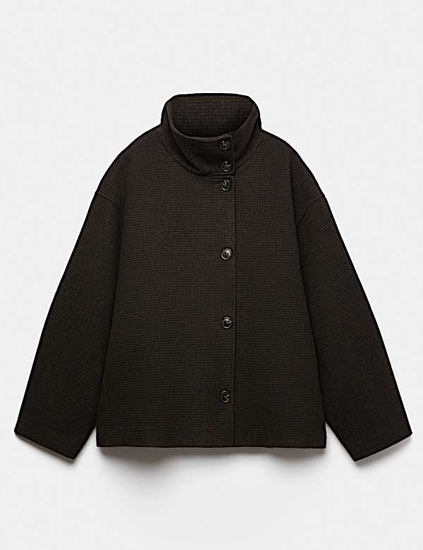 Checked Funnel Neck Short Coat with Wool - CN