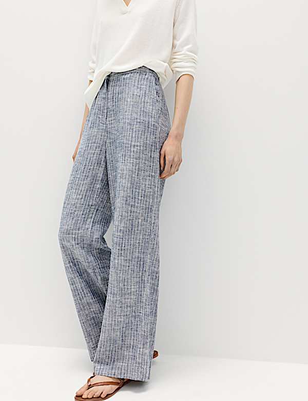 Linen Blend Pinstripe Wide Leg Trousers