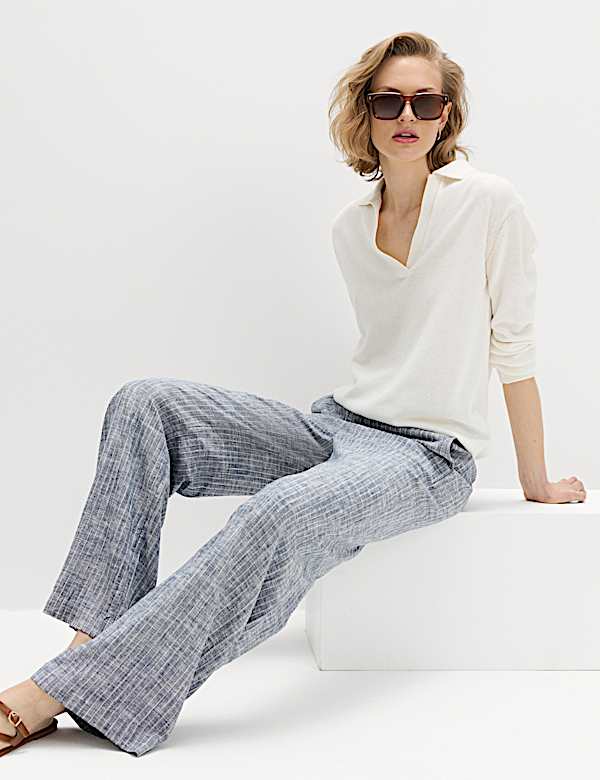 Linen Blend Pinstripe Wide Leg Trousers