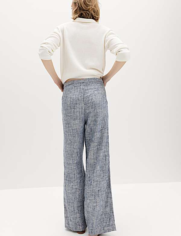 Linen Blend Pinstripe Wide Leg Trousers