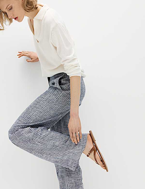 Linen Blend Pinstripe Wide Leg Trousers