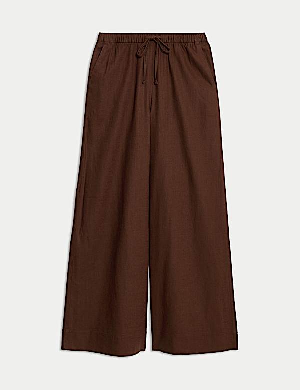 Linen Blend Drawstring Wide Leg Trousers - US
