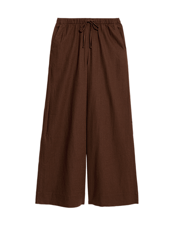Linen Blend Drawstring Wide Leg Trousers