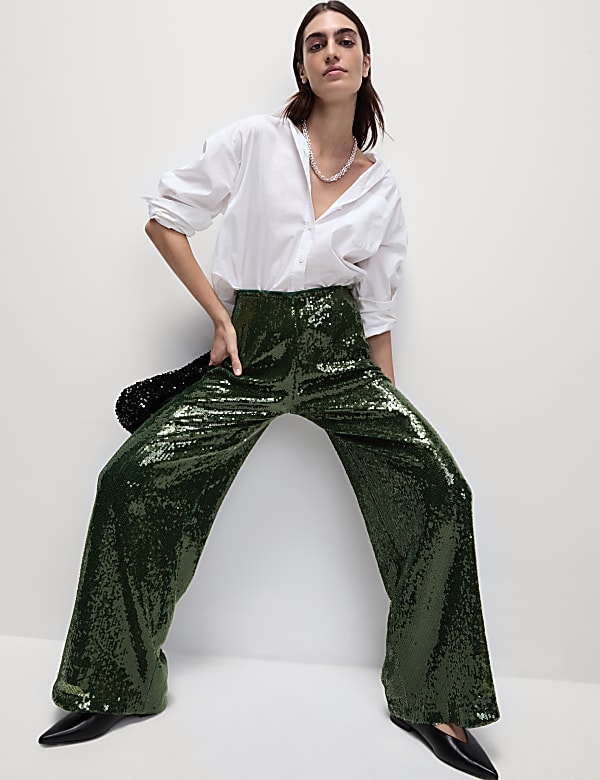 Sequin Wide Leg Trousers BLACK Trousers M S SE