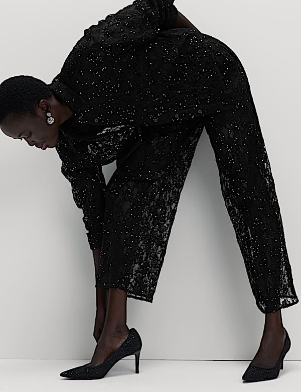 Lace Diamante Wide Leg Trousers with Stretch - SK