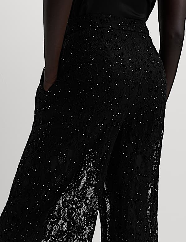 Hose mit weitem Bein, Spitze, Strass und Stretch - DE