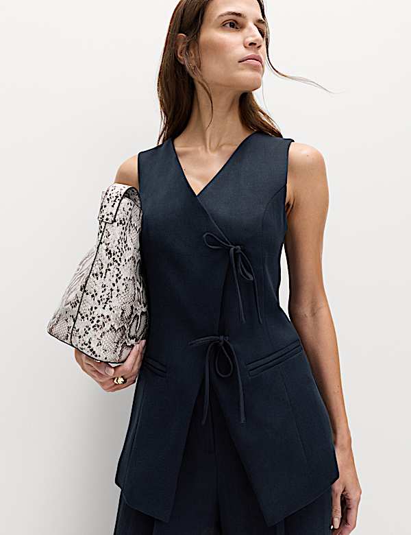 V-Neck Tie Front Waistcoat with Linen - RO