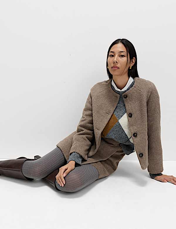 Brushed Collarless Jacket with Wool - US