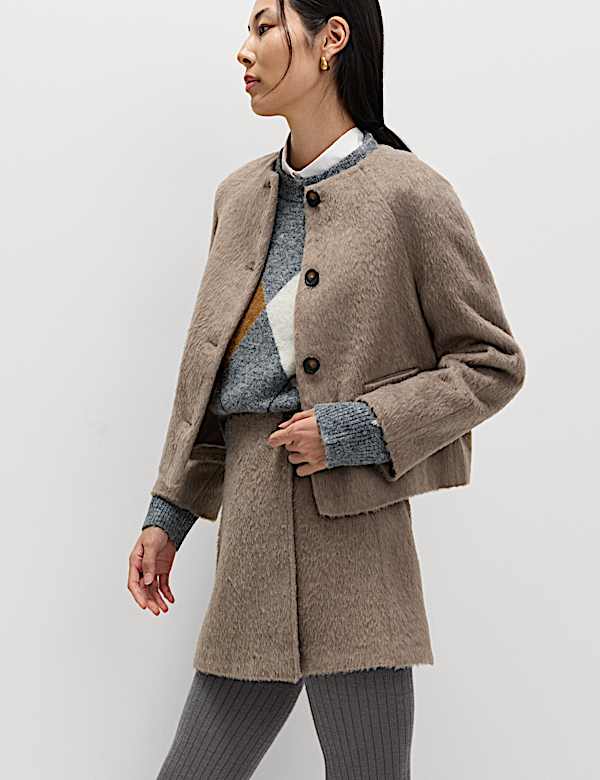 Brushed Collarless Jacket with Wool - US