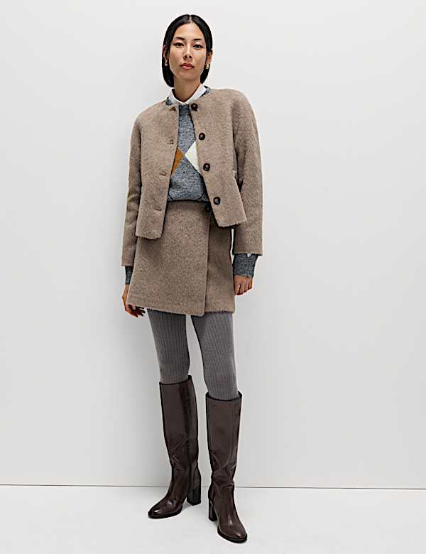 Brushed Collarless Jacket with Wool - US