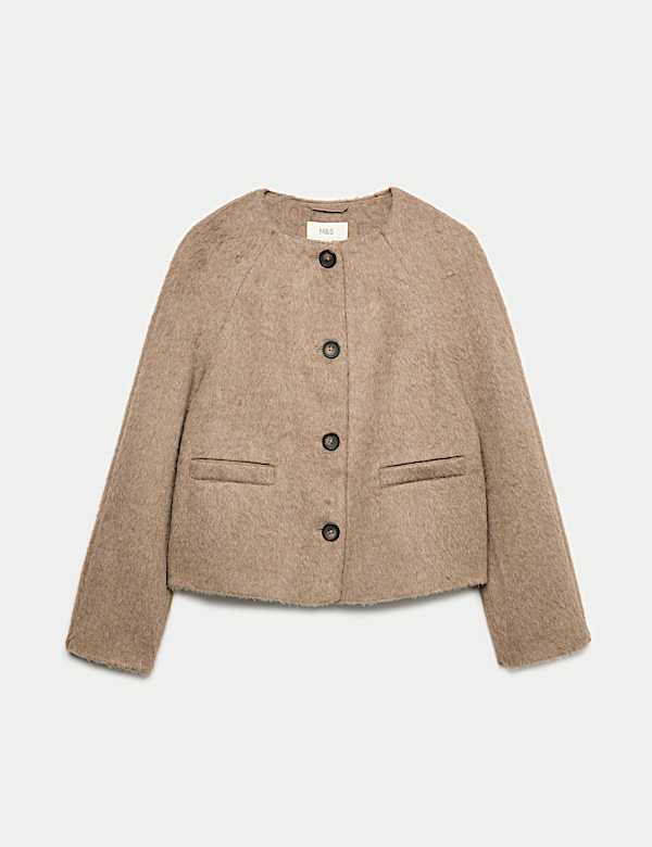 Brushed Collarless Jacket with Wool - US