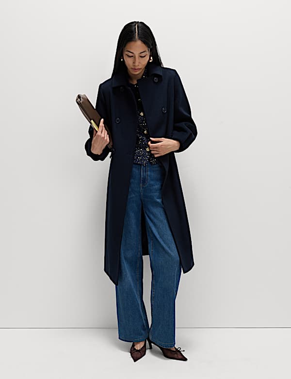 Wool Blend Volume Sleeve Double Breasted Midi Coat - EE