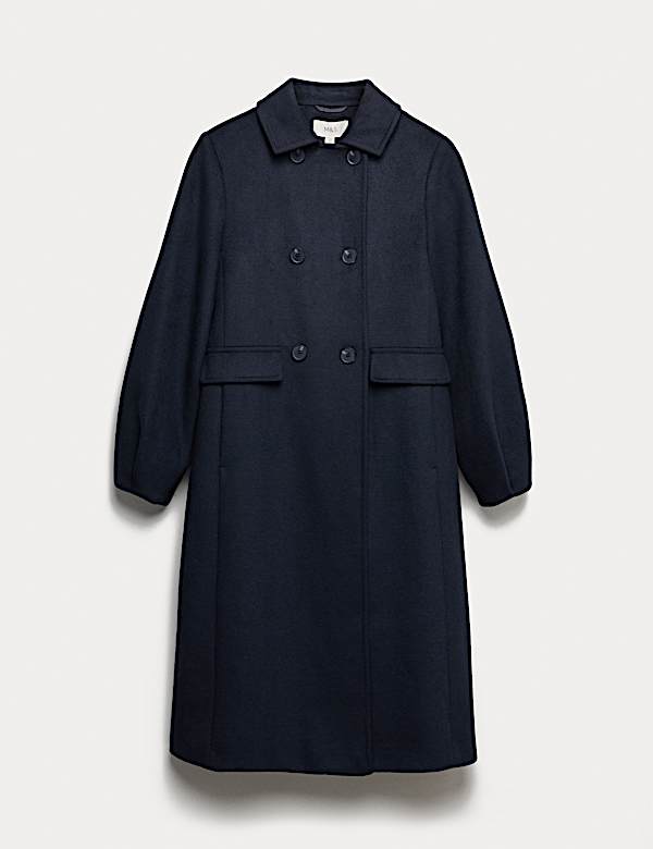 Wool Blend Volume Sleeve Double Breasted Midi Coat - JP