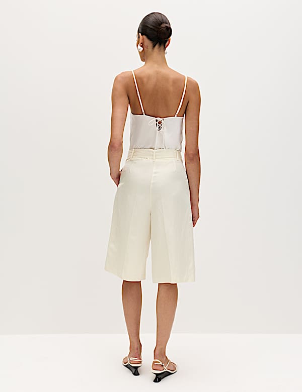 Linen Blend High Waisted Belted Bermuda Shorts - LU