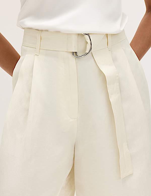 Linen Blend High Waisted Belted Bermuda Shorts - LU