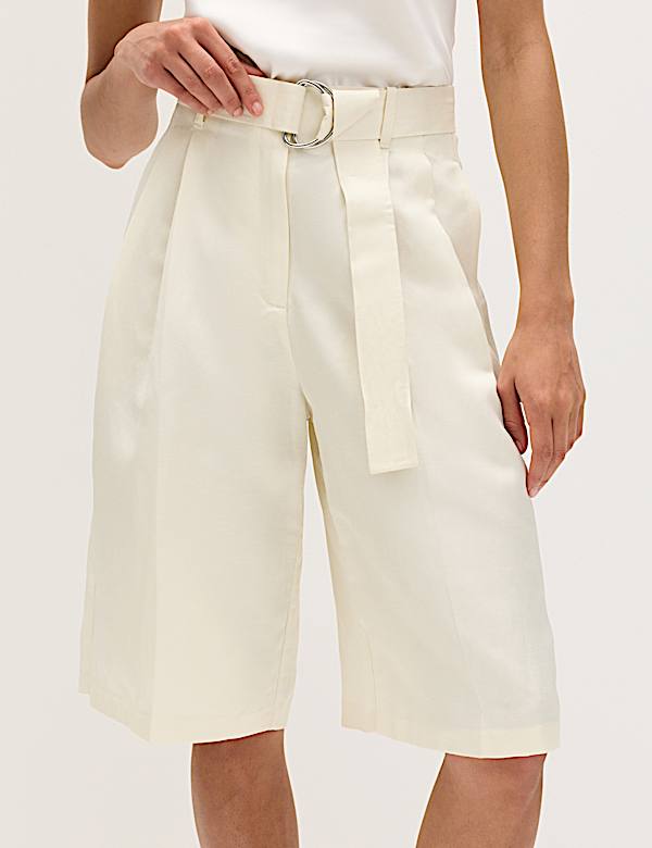 Linen Blend High Waisted Belted Bermuda Shorts - LU