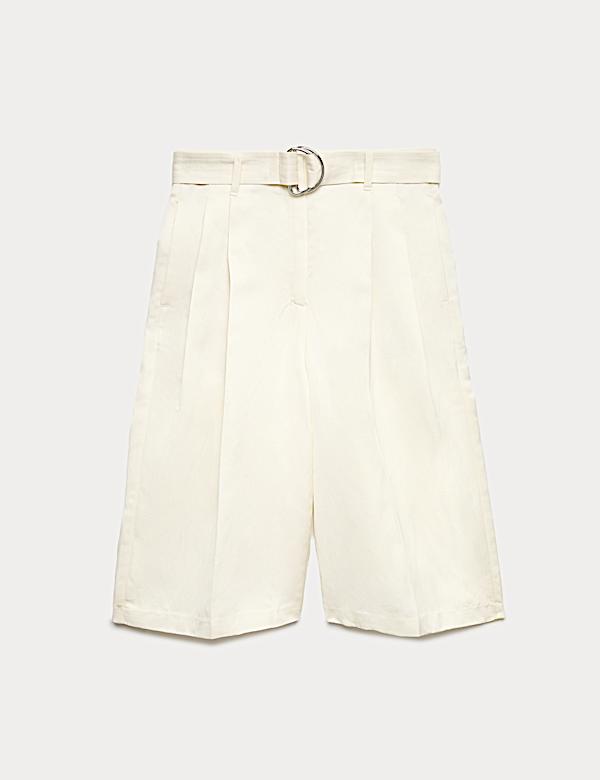 Linen Blend High Waisted Belted Bermuda Shorts - LU