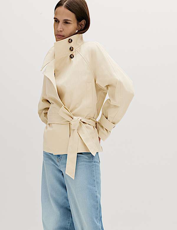 Funnel Neck Belted Short Trench Style Coat - CZ